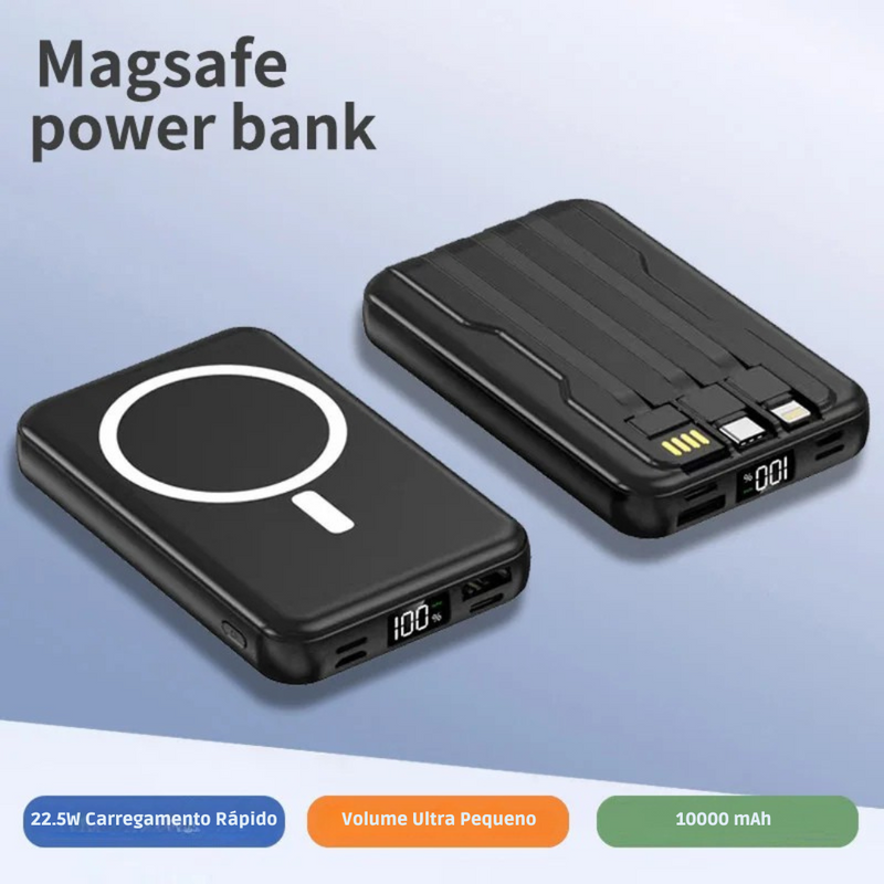 carregador portátil magnético, carregador 10000mAh, power bank com wireless, carregador com cabo integrado, carregador magsafe, carregador para iPhone, carregador para Android, carregador sem fio compacto, power bank minimalista, carregador portátil viagem
