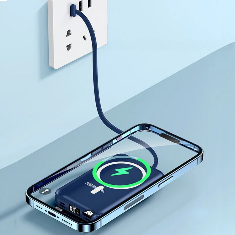 power bank magnético 30000mAh, carregador sem fio com cabos embutidos, power bank com display digital led, carregador magsafe para celular, carregador portátil compatível qi, power bank com lightning tipo-c micro usb, carregador de alta capacidade 30000mAh, carregador portátil para viagem, power bank compacto e potente, carregador universal para smartphone
