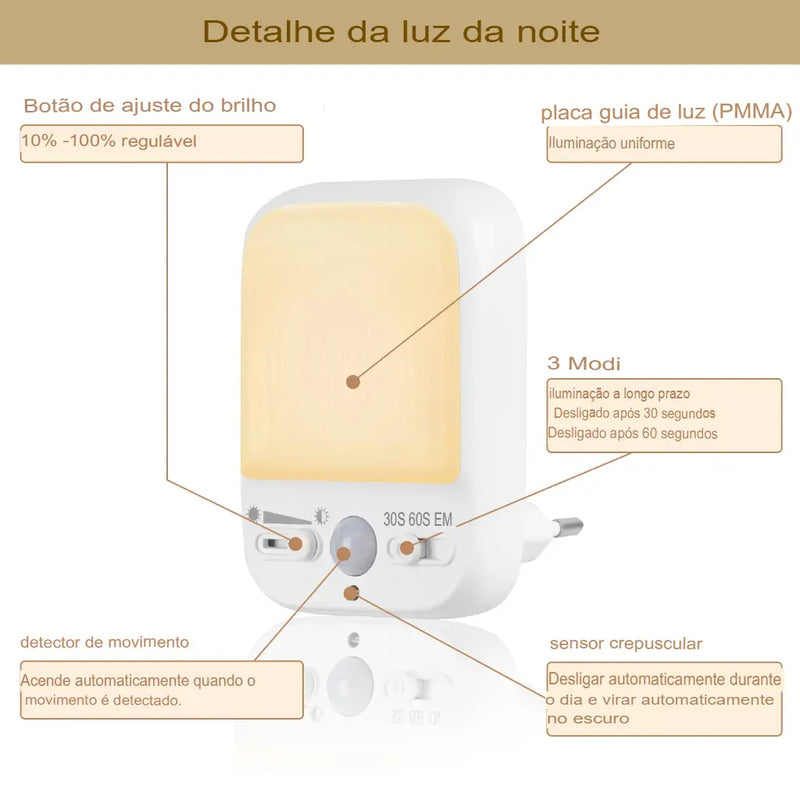 Tomada de luz noturna LED regulável com sensor de movimento