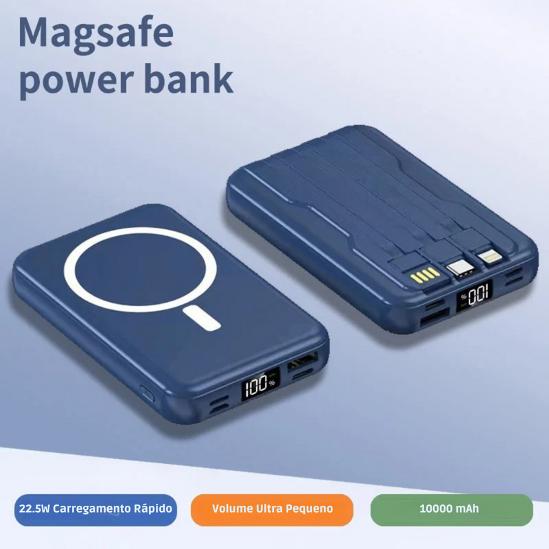 carregador portátil magnético, carregador 10000mAh, power bank com wireless, carregador com cabo integrado, carregador magsafe, carregador para iPhone, carregador para Android, carregador sem fio compacto, power bank minimalista, carregador portátil viagem
