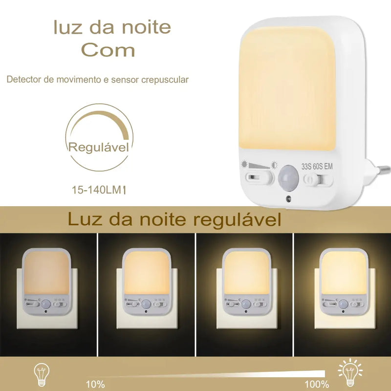 Tomada de luz noturna LED regulável com sensor de movimento