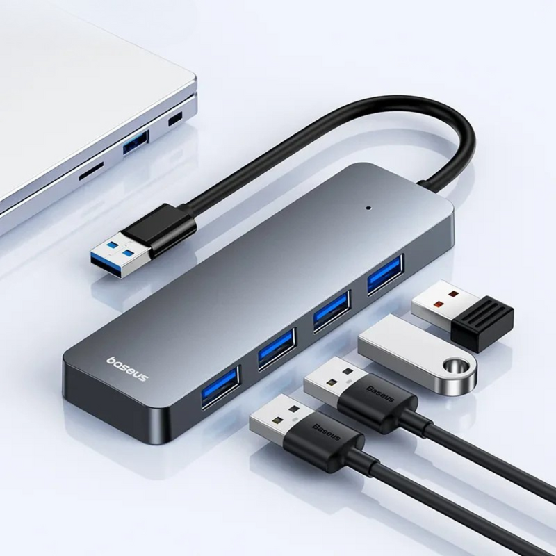 adaptador usb 3.0 4 portas, hub usb para notebook e pc, usb hub com alta velocidade, adaptador baseus ultrajoy, hub usb plug and play, adaptador compacto para periféricos, usb 3.0 até 5gbps, hub com cabo de 15cm, adaptador resistente em abs, hub usb para windows e macos
