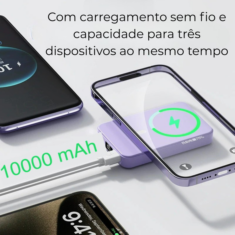power bank 10000mAh com suporte, carregador portátil com couro, power bank com carregamento rápido 22.5W, carregador magnético 15W, power bank com tela digital, carregador portátil com suporte retrátil, power bank compatível magsafe, carregador com entradas múltiplas, carregador com suporte integrado, power bank para viagens e trabalho
