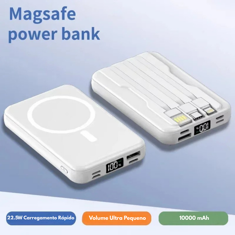 carregador portátil magnético, carregador 10000mAh, power bank com wireless, carregador com cabo integrado, carregador magsafe, carregador para iPhone, carregador para Android, carregador sem fio compacto, power bank minimalista, carregador portátil viagem

