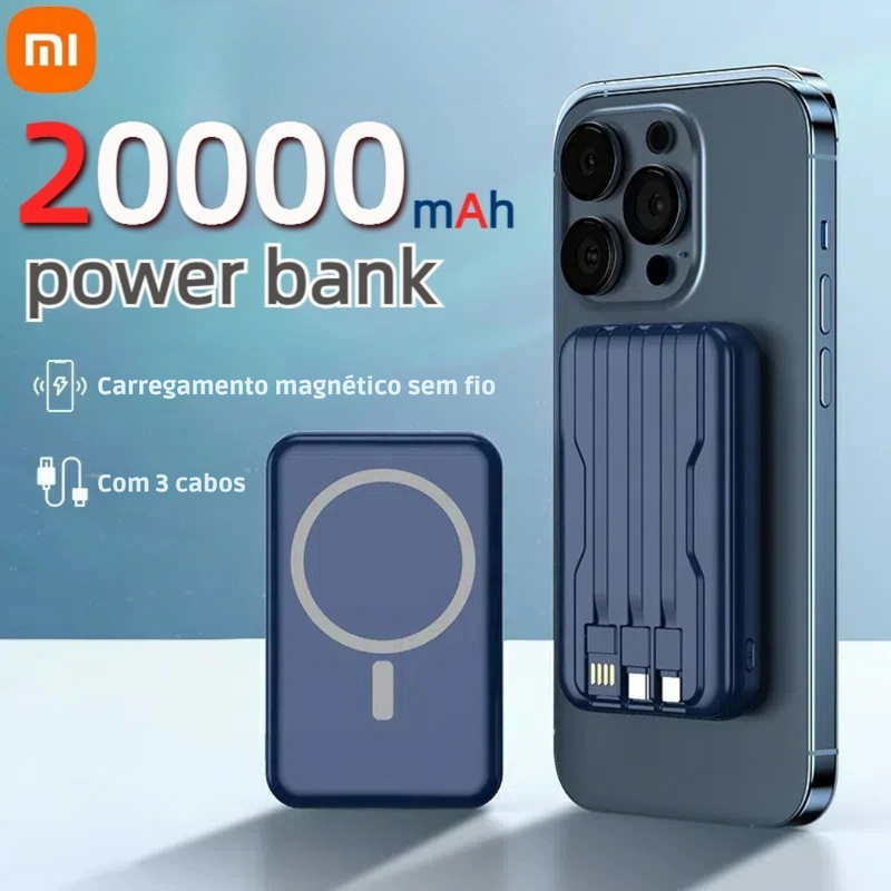 power bank magnético 20000mAh, carregador com display digital, power bank com cabos embutidos, carregador compatível magsafe, carregador portátil com wireless, power bank com carga bidirecional, carregador com usb-c lightning micro usb, power bank para viagens longas, carregador para múltiplos dispositivos, power bank resistente e compacto
