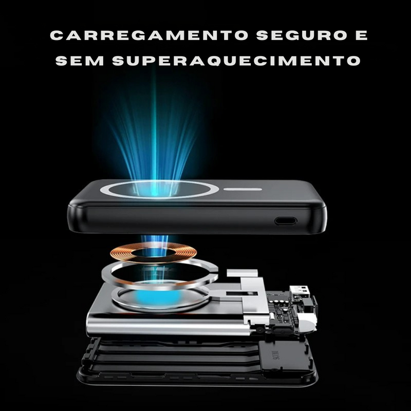 power bank magnético 20000mAh, carregador com display digital, power bank com cabos embutidos, carregador compatível magsafe, carregador portátil com wireless, power bank com carga bidirecional, carregador com usb-c lightning micro usb, power bank para viagens longas, carregador para múltiplos dispositivos, power bank resistente e compacto
