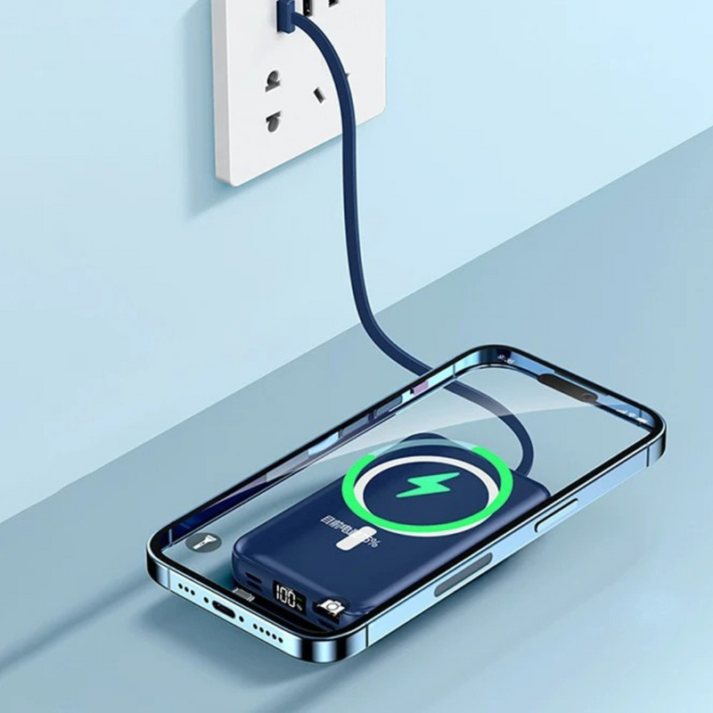 power bank magnético 20000mAh, carregador com display digital, power bank com cabos embutidos, carregador compatível magsafe, carregador portátil com wireless, power bank com carga bidirecional, carregador com usb-c lightning micro usb, power bank para viagens longas, carregador para múltiplos dispositivos, power bank resistente e compacto
