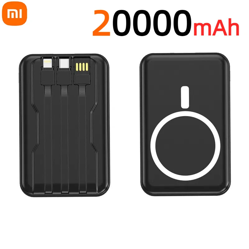 power bank magnético 20000mAh, carregador com display digital, power bank com cabos embutidos, carregador compatível magsafe, carregador portátil com wireless, power bank com carga bidirecional, carregador com usb-c lightning micro usb, power bank para viagens longas, carregador para múltiplos dispositivos, power bank resistente e compacto

