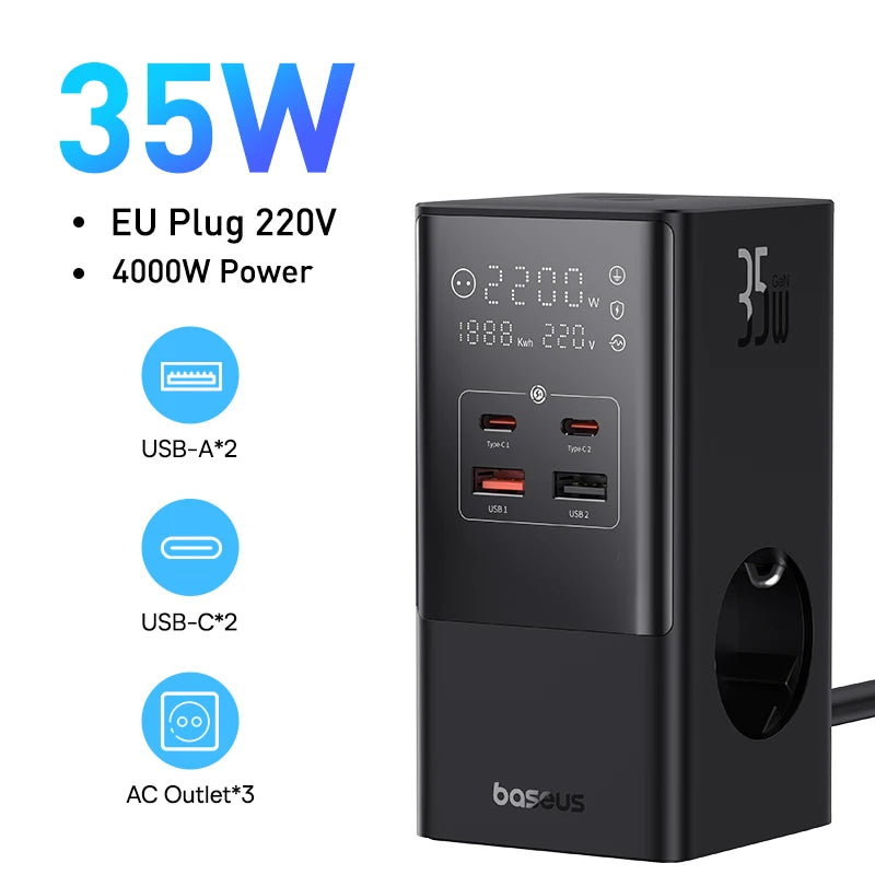 carregador baseus powercombo 7 em 1, carregador rápido com display digital, carregador vertical 35w com ac usb, powercombo com tecnologia gan, carregador com proteção contra surtos, estação de energia compacta usb-c, carregador para escritório e gamer, carregador usb com 9 proteções, baseus com pd qc fcp compatível, carregador múltiplo com tomada integrada
