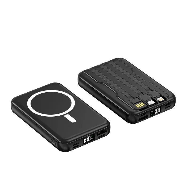 power bank magnético 30000mAh, carregador sem fio com cabos embutidos, power bank com display digital led, carregador magsafe para celular, carregador portátil compatível qi, power bank com lightning tipo-c micro usb, carregador de alta capacidade 30000mAh, carregador portátil para viagem, power bank compacto e potente, carregador universal para smartphone
