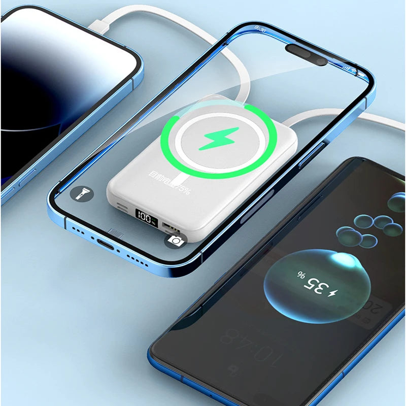 power bank magnético 30000mAh, carregador sem fio com cabos embutidos, power bank com display digital led, carregador magsafe para celular, carregador portátil compatível qi, power bank com lightning tipo-c micro usb, carregador de alta capacidade 30000mAh, carregador portátil para viagem, power bank compacto e potente, carregador universal para smartphone
