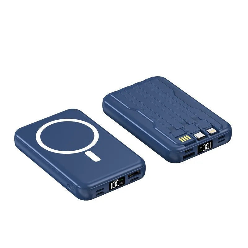 power bank magnético 30000mAh, carregador sem fio com cabos embutidos, power bank com display digital led, carregador magsafe para celular, carregador portátil compatível qi, power bank com lightning tipo-c micro usb, carregador de alta capacidade 30000mAh, carregador portátil para viagem, power bank compacto e potente, carregador universal para smartphone
