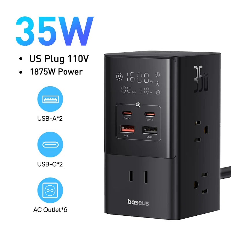 carregador baseus powercombo 7 em 1, carregador rápido com display digital, carregador vertical 35w com ac usb, powercombo com tecnologia gan, carregador com proteção contra surtos, estação de energia compacta usb-c, carregador para escritório e gamer, carregador usb com 9 proteções, baseus com pd qc fcp compatível, carregador múltiplo com tomada integrada
