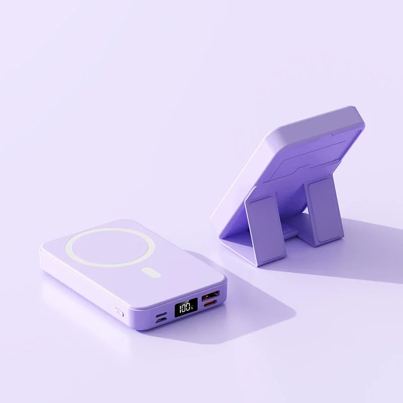 power bank 10000mAh com suporte, carregador portátil com couro, power bank com carregamento rápido 22.5W, carregador magnético 15W, power bank com tela digital, carregador portátil com suporte retrátil, power bank compatível magsafe, carregador com entradas múltiplas, carregador com suporte integrado, power bank para viagens e trabalho
