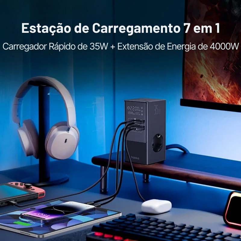 carregador baseus powercombo 7 em 1, carregador rápido com display digital, carregador vertical 35w com ac usb, powercombo com tecnologia gan, carregador com proteção contra surtos, estação de energia compacta usb-c, carregador para escritório e gamer, carregador usb com 9 proteções, baseus com pd qc fcp compatível, carregador múltiplo com tomada integrada
