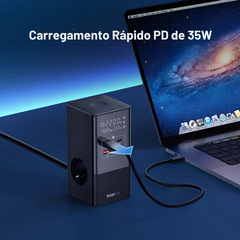 carregador baseus powercombo 7 em 1, carregador rápido com display digital, carregador vertical 35w com ac usb, powercombo com tecnologia gan, carregador com proteção contra surtos, estação de energia compacta usb-c, carregador para escritório e gamer, carregador usb com 9 proteções, baseus com pd qc fcp compatível, carregador múltiplo com tomada integrada
