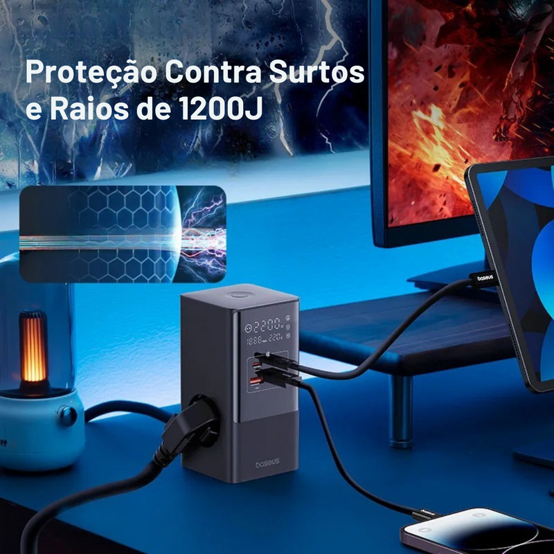 carregador baseus powercombo 7 em 1, carregador rápido com display digital, carregador vertical 35w com ac usb, powercombo com tecnologia gan, carregador com proteção contra surtos, estação de energia compacta usb-c, carregador para escritório e gamer, carregador usb com 9 proteções, baseus com pd qc fcp compatível, carregador múltiplo com tomada integrada
