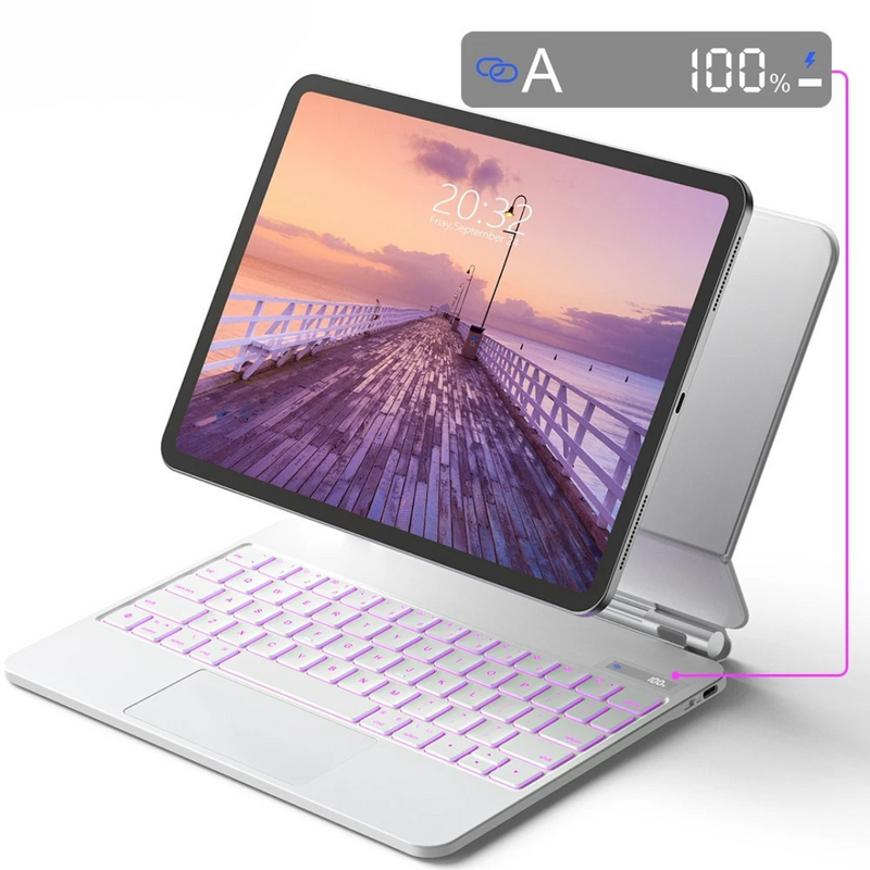 teclado com trackpad para iPad Pro, teclado com display lcd integrado, suporte magnético flutuante iPad, teclado para iPad Air com gestos iOS, teclado com layout completo silencioso, acessório premium para iPad 11 e 13, teclado com couro resistente antiderrapante, teclado portátil com suporte cantilever, teclado com fixação magnética estável, teclado para produtividade com iPad
