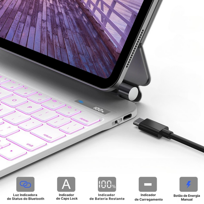 teclado com trackpad para iPad Pro, teclado com display lcd integrado, suporte magnético flutuante iPad, teclado para iPad Air com gestos iOS, teclado com layout completo silencioso, acessório premium para iPad 11 e 13, teclado com couro resistente antiderrapante, teclado portátil com suporte cantilever, teclado com fixação magnética estável, teclado para produtividade com iPad
