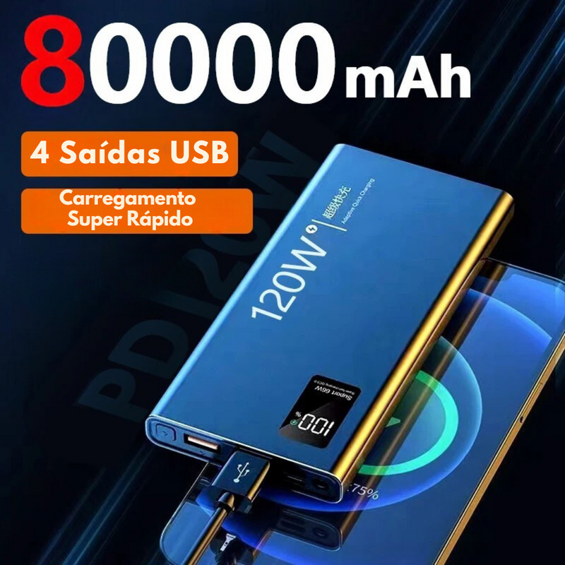 power bank 80000mAh 120W, carregador portátil com display digital, power bank com carga sem fio, carregador rápido para notebook e celular, power bank com múltiplas saídas, carregador com lanterna led embutida, power bank robusto e portátil, carregador com entrada usb-c e micro usb, carregador com carga bidirecional, power bank para uso intenso e viagens
