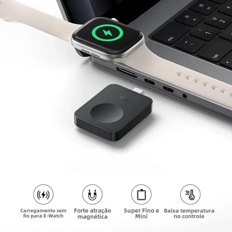 carregador magnético magpro apple watch, carregador sem fio para apple watch s1 a s10, carregador usb-c apple watch se ultra, dock compacto apple watch, carregador portátil magnético apple, carregador 2.5w para apple watch, carregador com encaixe magnético, carregador minimalista para viagens, carregador apple watch rápido e seguro, base de carregamento sem fio apple watch
